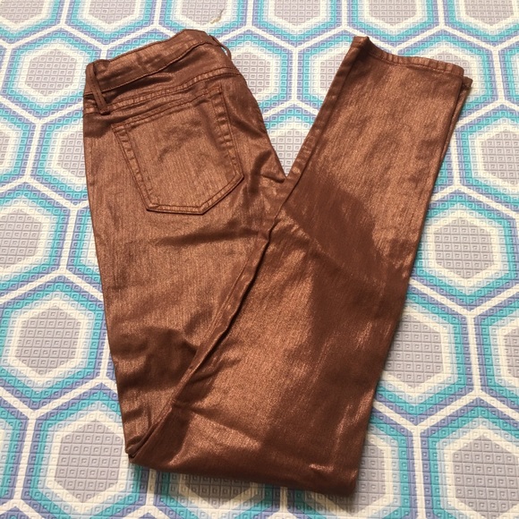 Copper rose gold foil lame metallic skinny jeans - Picture 7 of 9